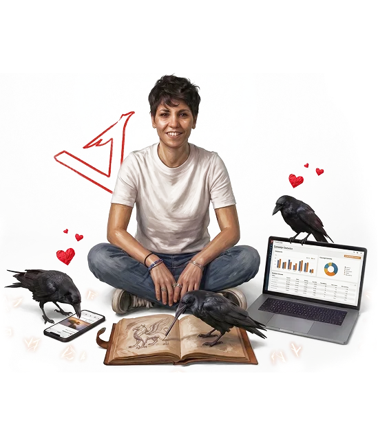 Vasileia Plastria surrounded by ravens and creative marketing elements